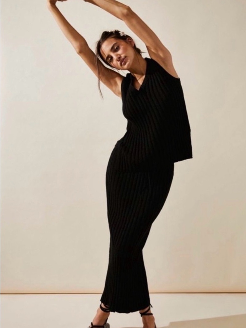 Free People Black Ribbed V-Neck Sweater